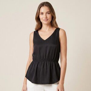 Apostrophe Silky Black Babydoll Cinched Lightweight Sleeveless V-Neck Tank Top